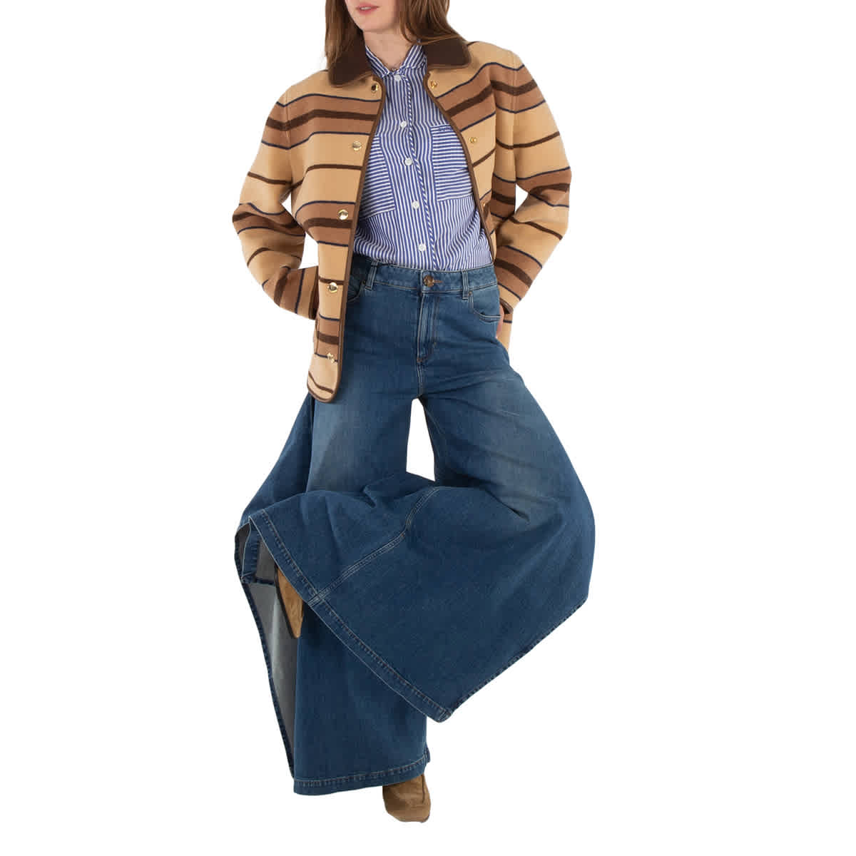 

Барберри Женские джинсы глубокого шиферно-синего цвета с широкими штанинами и драпировкой Burberry