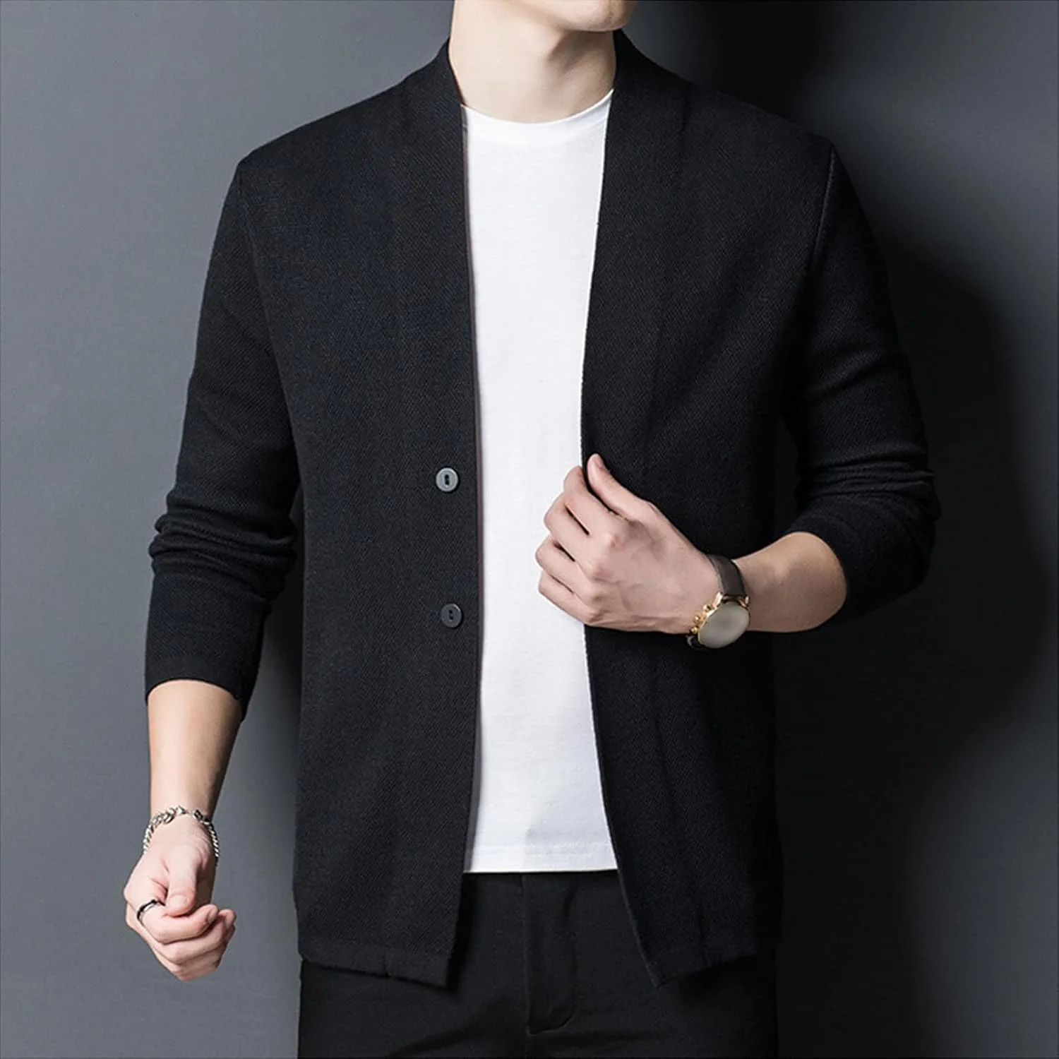 Мужской кардиган Slim Fit V-образным вырезом с длинными рукавами и воротником-шалью — фото 3
