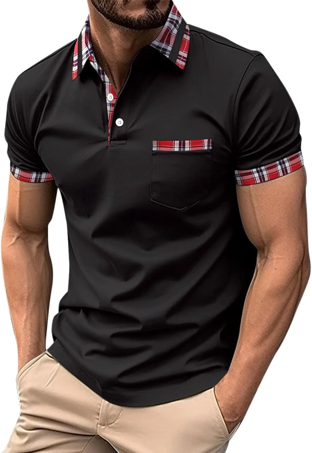 Мужская поло с карманом, короткий рукав, V-образный вырез, цветной блок, Slim Fit