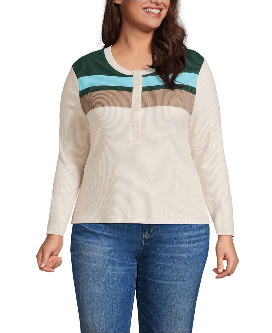 

Уютная блузка-поло с длинными рукавами большого размера в рубчик Lands' End, Deep forest placed stripe