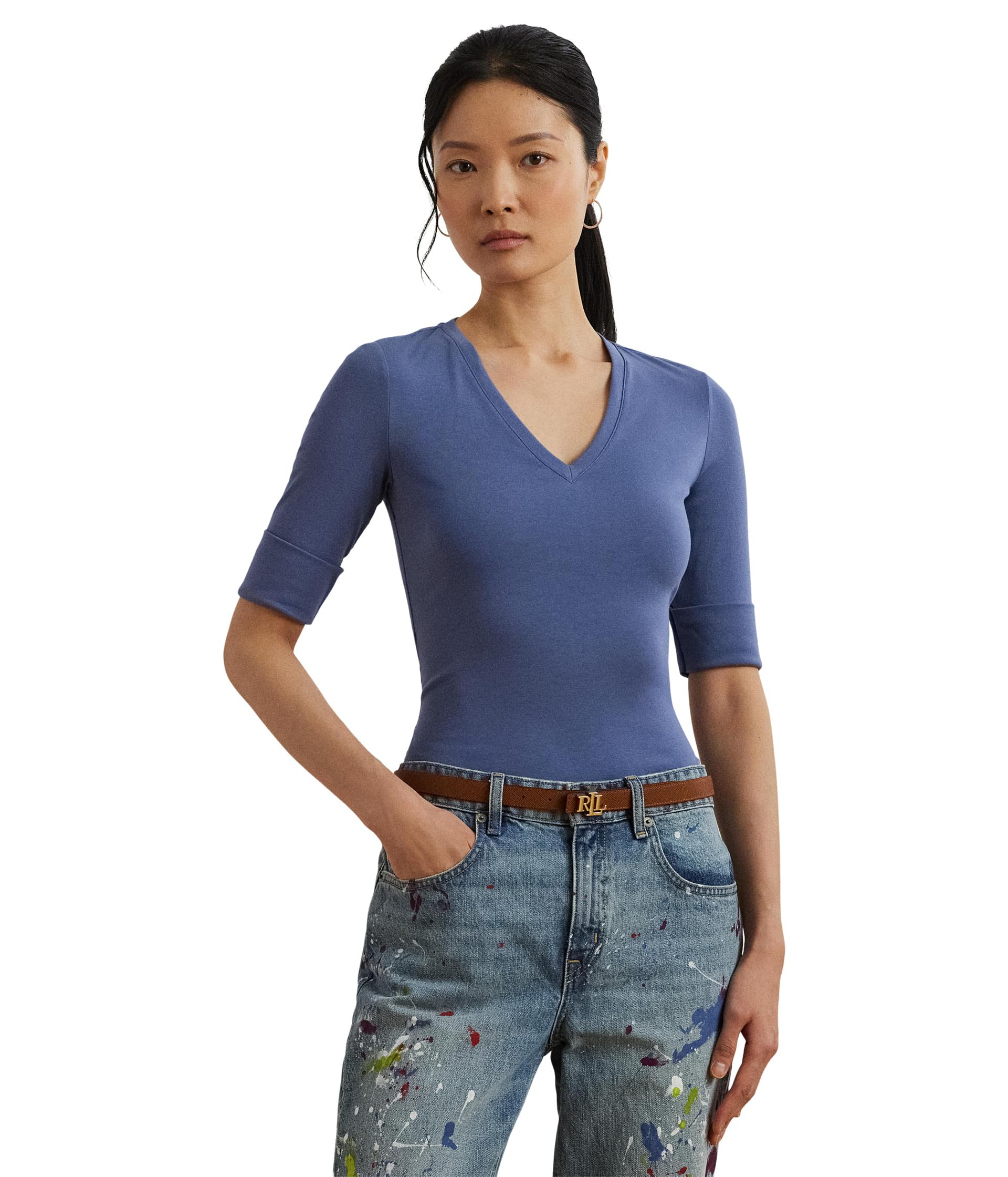 

Футболка Lauren Ralph Lauren Stretch Cotton Elbow-Sleeve V-Neck Tee, Capri Blue