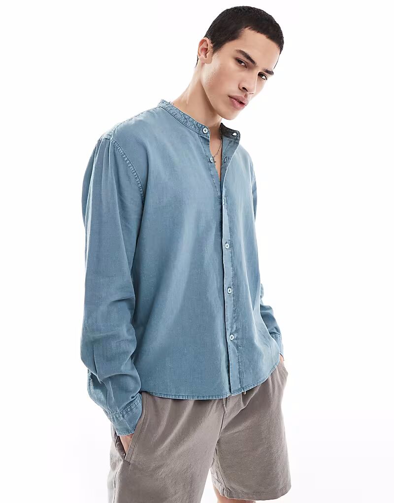 

Рубашка Pull&Bear из льна с длинными рукавами и текстурой в стиле дедушки в бирюзовом цвете