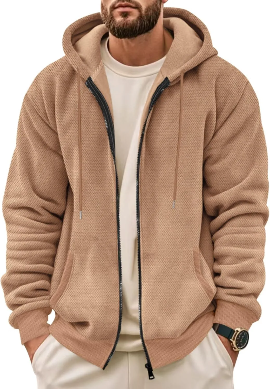 

Мужской свитшот с капюшоном на молнии, вафельная вязка