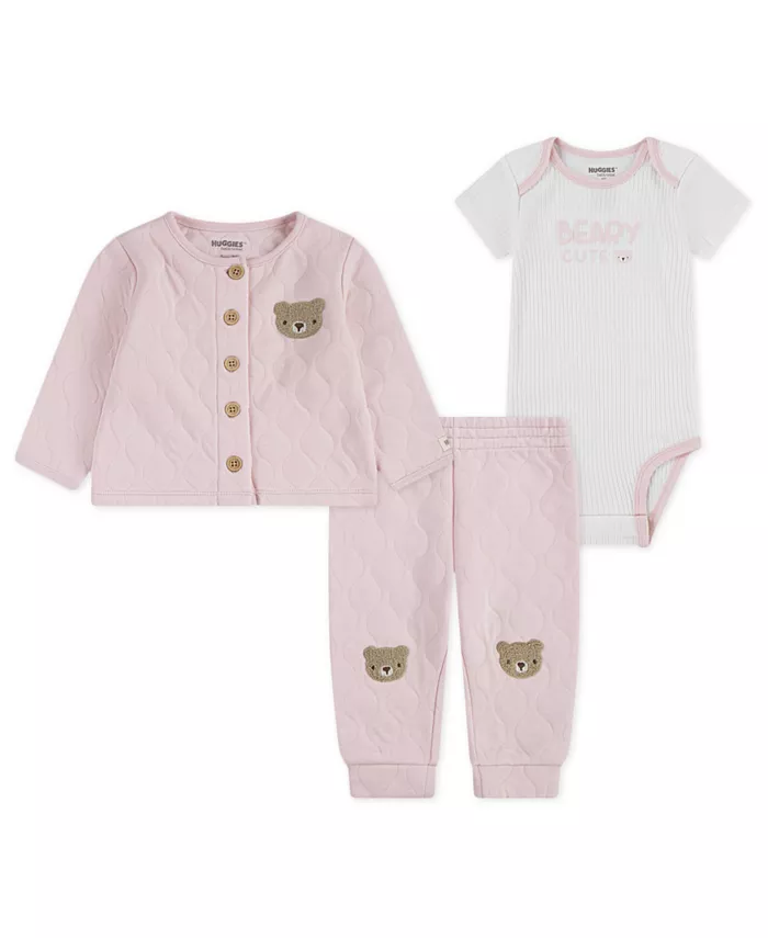 

Комплект из 3 предметов: боди с короткими рукавами для девочки, стеганый кардиган и штанишки Huggies, розовый