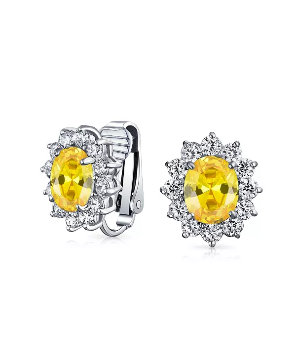 

Классические овальные серьги-клипсы с кубическим цирконием и короной-ореолом, не прокалываемые уши Bling Jewelry, yellow