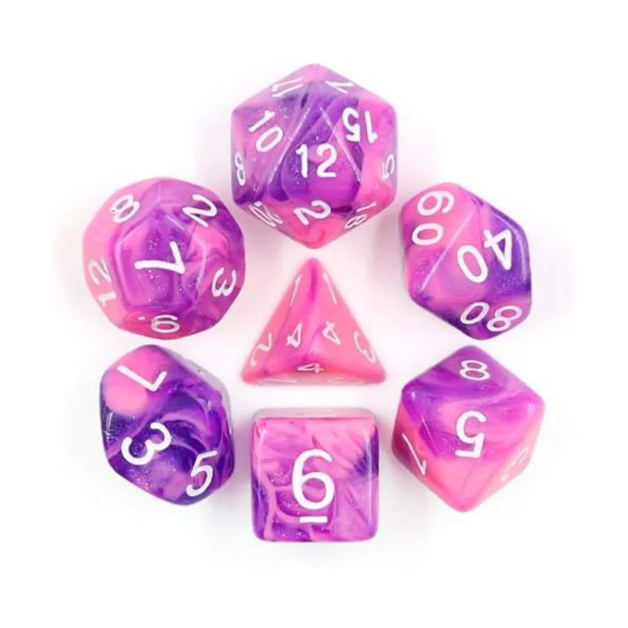 

Набор Poly — фиолетовый вихрь с белым (7), Dice Sets - Resin/Acrylic - Rainbow & Multi-Colored (Foam Brain Games)