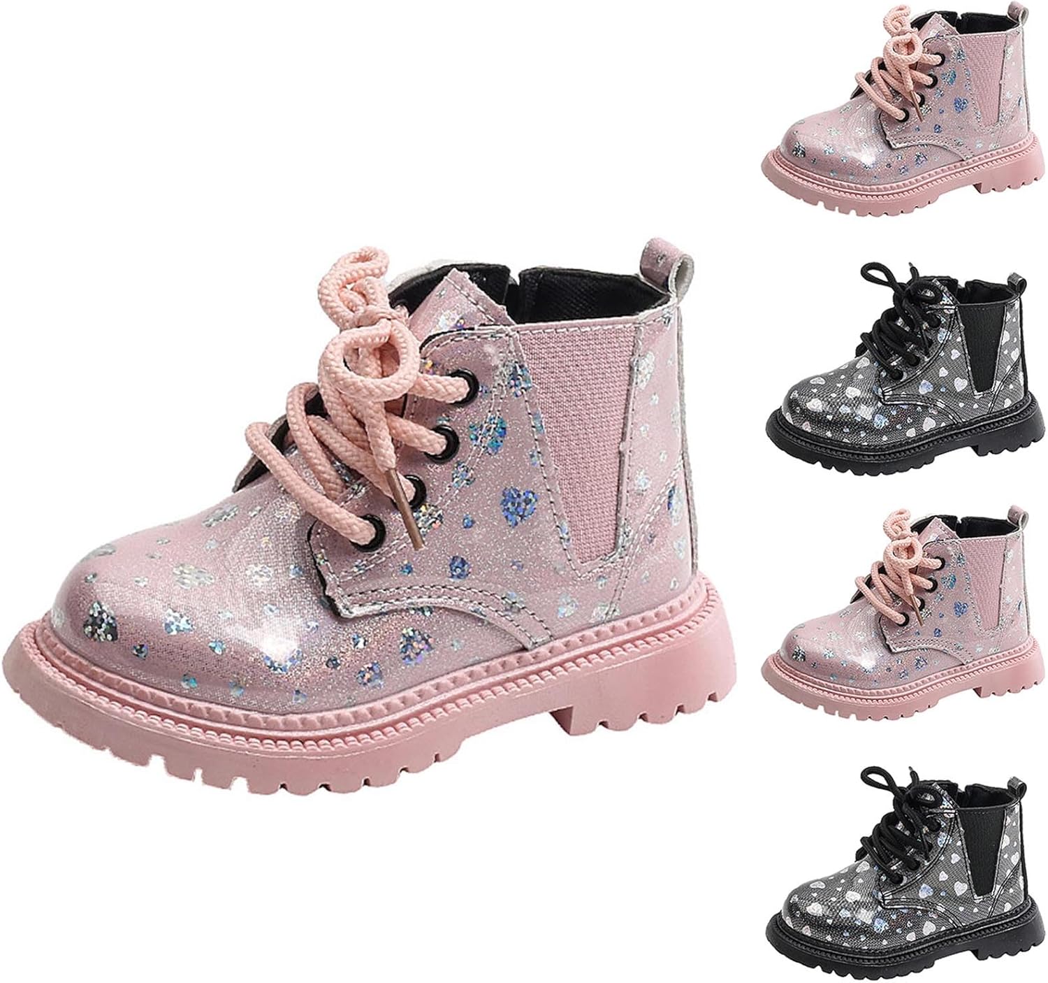 

Детские/подростковые ботинки на шнуровке с блестками для девочек и мальчиков, боевые/рабочие, из искусственной кожи, модные водонепроницаемые ботинки с боковой молнией Generic, Pink