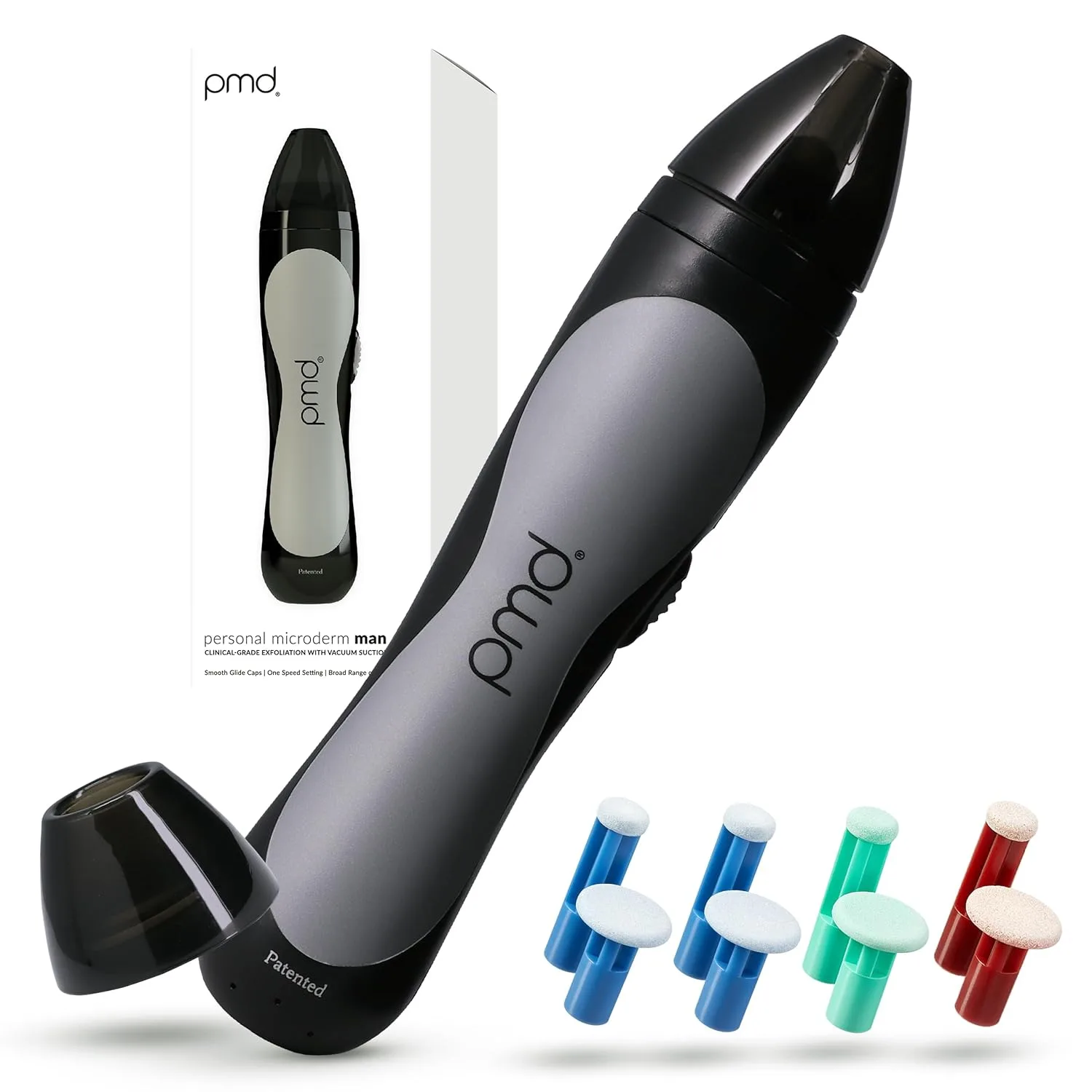 PMD Beauty Personal Microderm Man - Домашний аппарат для микродермабразии с набором для лица и тела - Отшелушивающие кристаллы и вакуумное всасывание для сияющей и эффектной кожи, Black