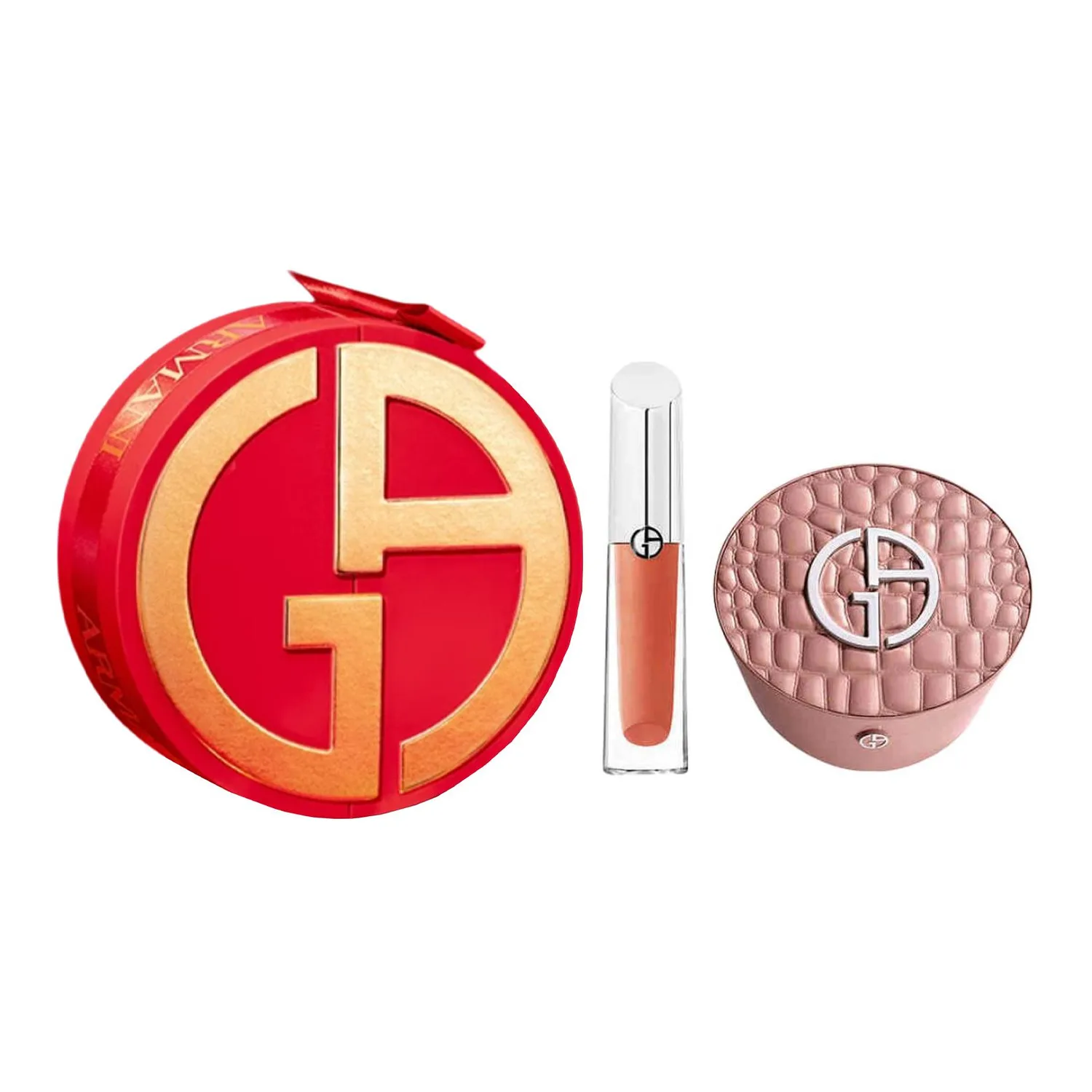 GIORGIO ARMANI ARMANI Christmas Limited Crocodile Pattern Nude Brown Air Cushion Makeup Sets Easy to Blend Natural 15g+3.5ml, Crocodile Pattern Nude Brown Air Cushion #2+Silver Tube Lip Mirror #03