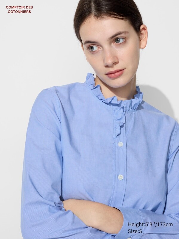 

Рубашка хлопок стрейч жабо Uniqlo, синий