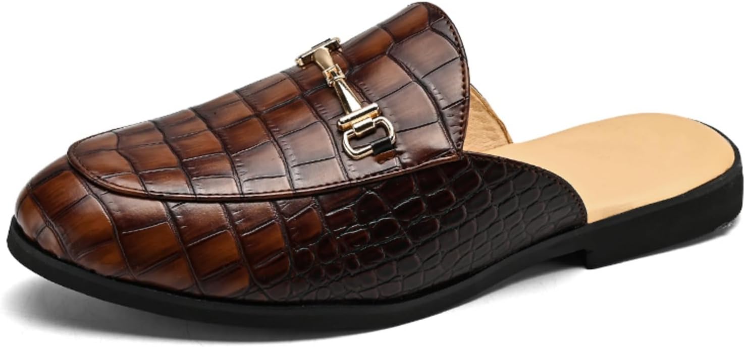 

Мужские ретро-слипоны QWUIEOIN из кожи с эффектом камня, без задника, с пряжкой-лошадкой, тапочки для курения с круглыми носками, нескользящие, для делового повседневного ношения, вечеринок и выпускных, коричневый