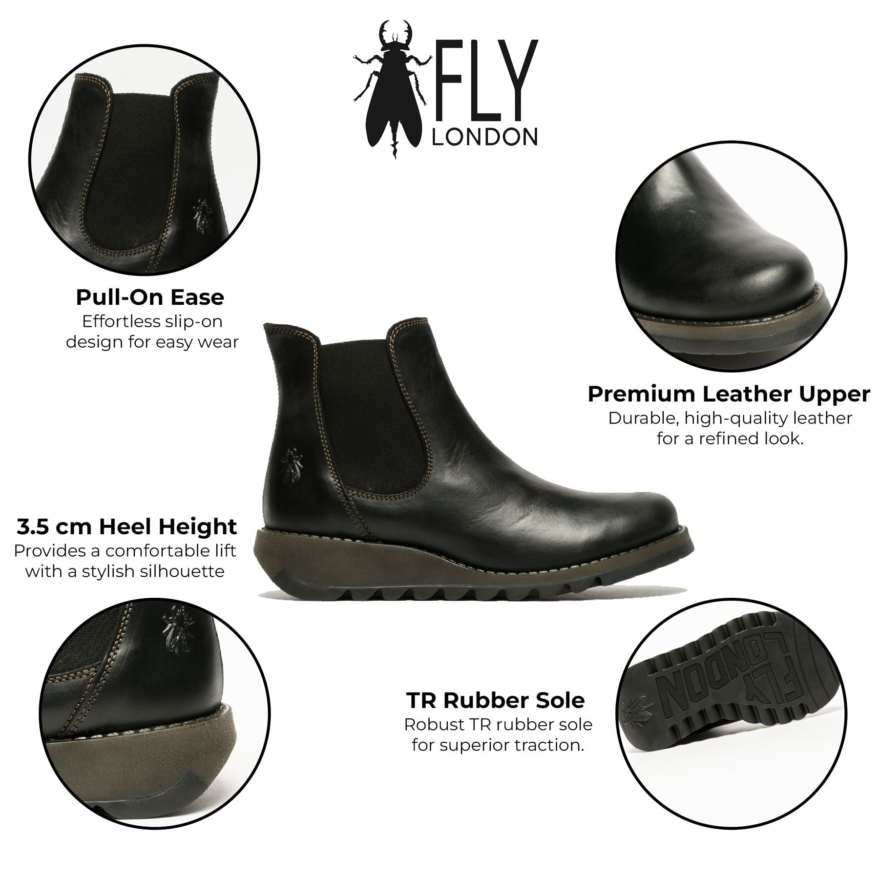 Женские кожаные ботинки Fly London SALV на платформе с каблуком-танкеткой в стиле челси, черный — фото 2
