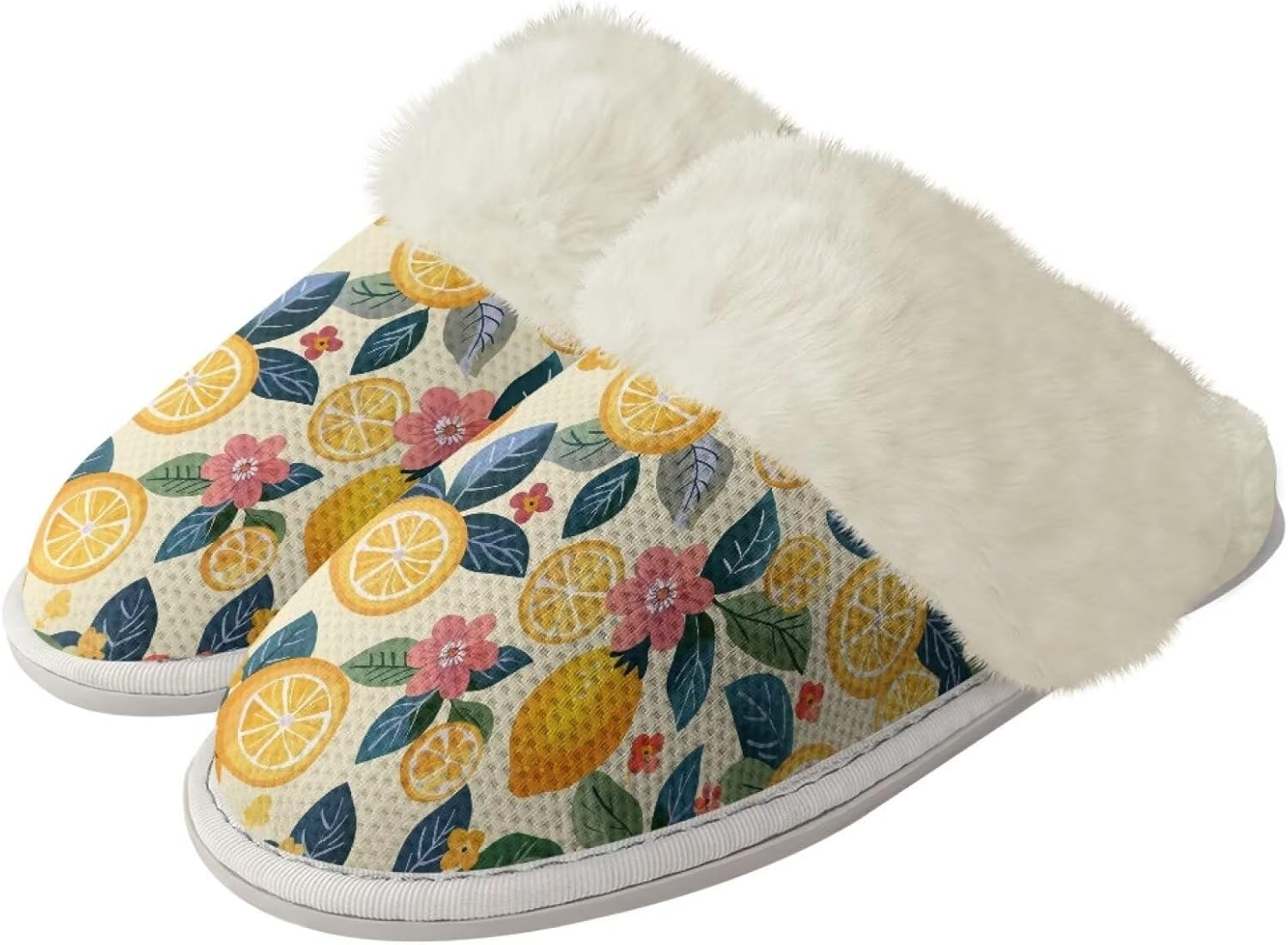 

Пушистые тапочки для женщин и мужчин, мягкие зимние теплые плюшевые тапочки на мягкой подошве, домашние, закрытые, унисекс, уютные и дышащие, для спа и ванной Watdotory, Lemon Flower