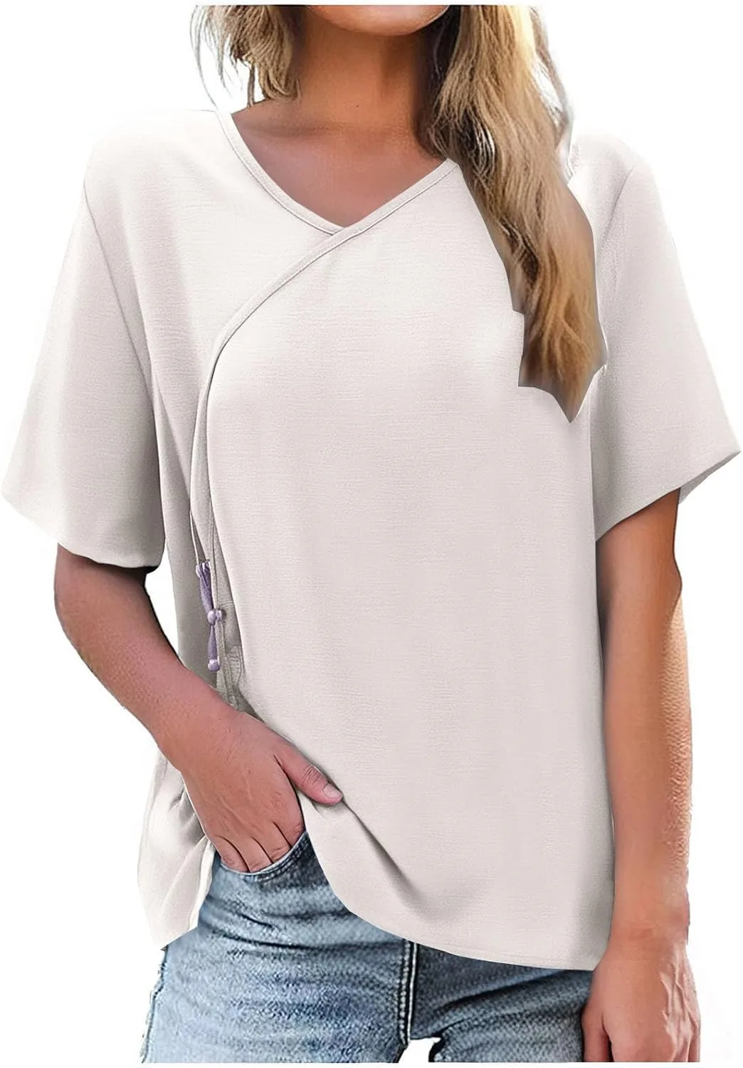 

Женская блузка из льна с V-образным вырезом и короткими рукавами AKTCVVJ