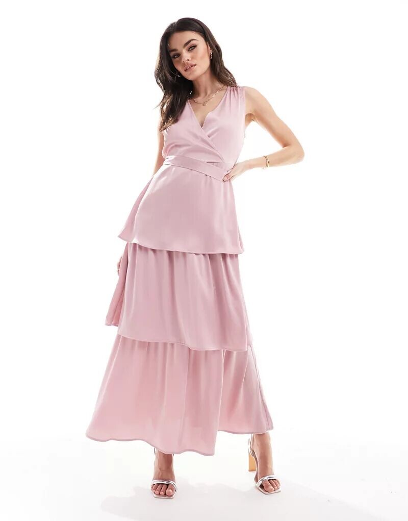 

Светло-розовое ярусное атласное платье макси с поясом Vila Bridesmaid