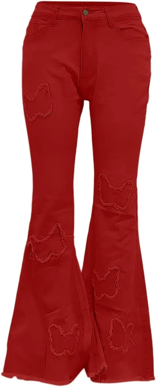 Женские джинсы Butterfly Bell Bottom с высокой посадкой, эластичные, с вышивкой и классическим расклешенным силуэтом — фото 3