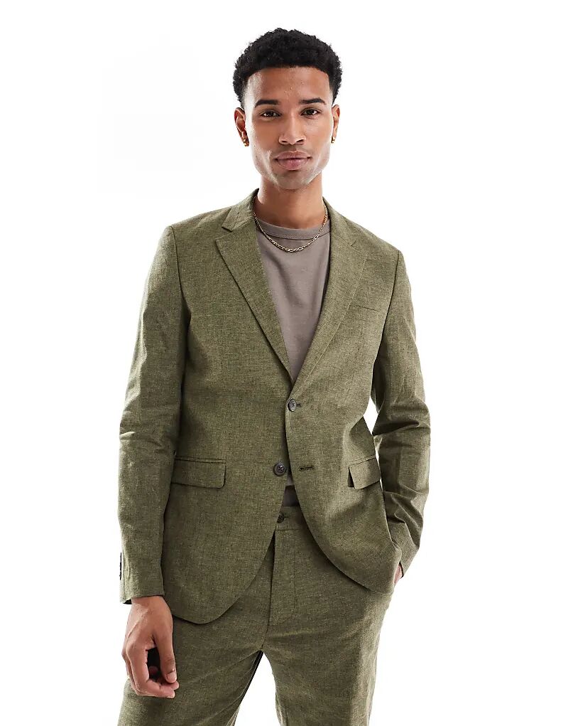 

Приталенный льняной пиджак Jack & Jones Premium оливково-зеленого цвета