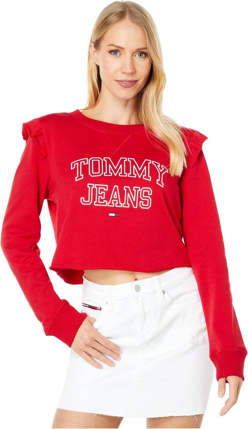 

Футболка Tommy Hilfiger Crop Varsity Ruffle Pullover, цвет Scarlet