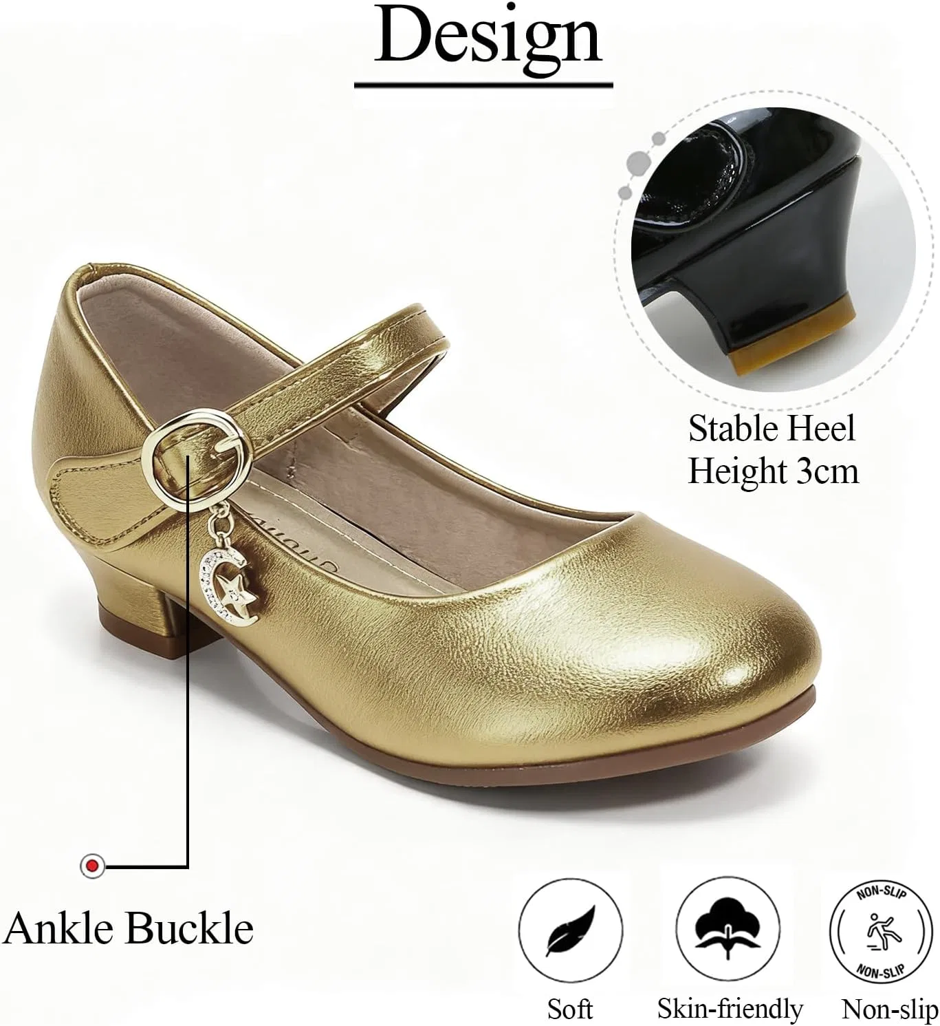 Туфли Мэри Джейн на низком каблуке для девочек, Gold BANGTEUO — фото 3