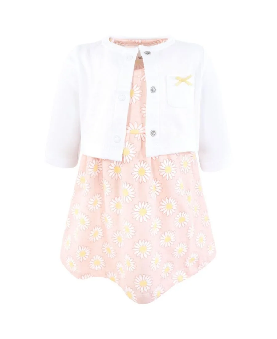 Удобный хлопковый комплект из платья и подходящего кардигана Hudson Baby, розовый daisy