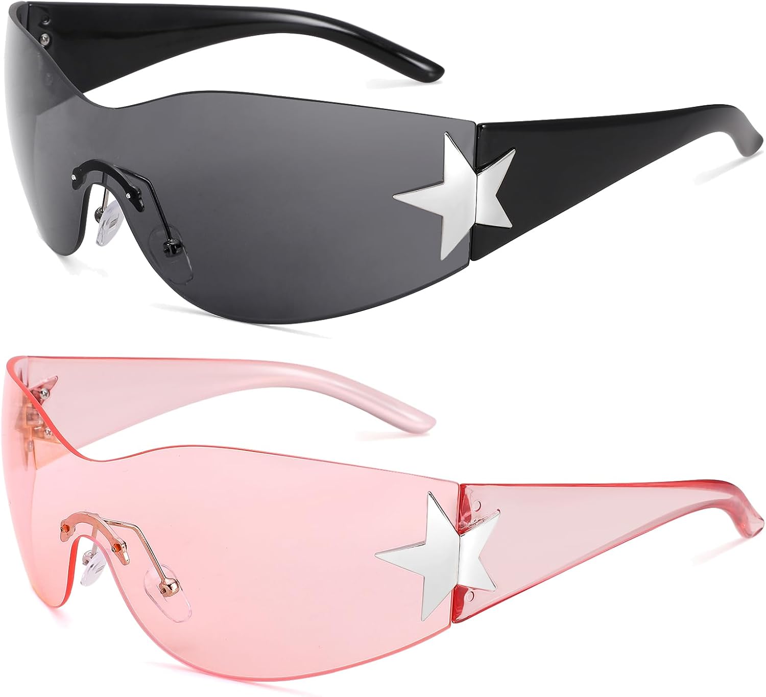 

Солнцезащитные очки COASION без оправы в стиле Y2K с обтекаемой формой и звездным рисунком, для женщин и мужчин, в стиле 2000-х, с козырьком-щитком, большие, модные, без оправы, C4* Black + Clear Pink - 2 Pack