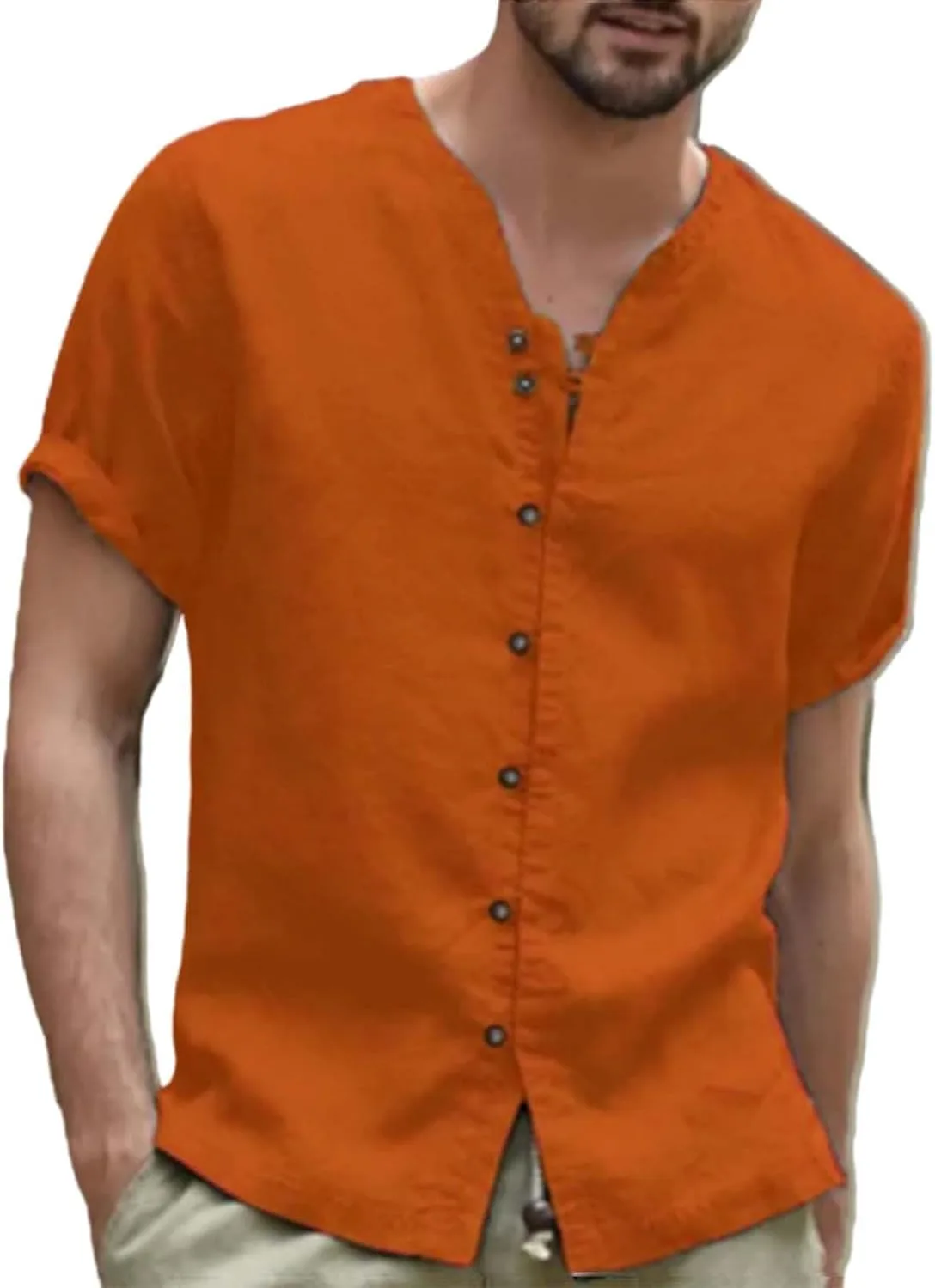 Мужская льняная рубашка с коротким рукавом на пуговицах casual regular fit для делового стиля лето пляж отпуск Generic, оранжевый — фото 2