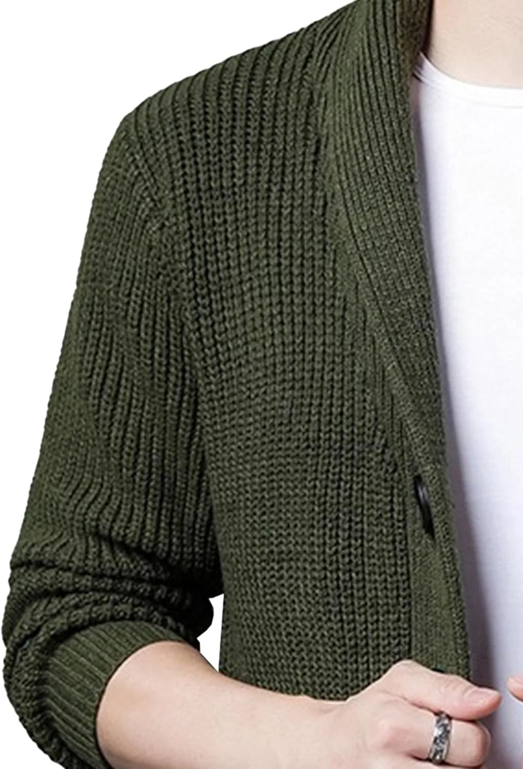 Мужской кардиган с воротником шаль, slim fit, кабельная вязка, с карманами — фото 3
