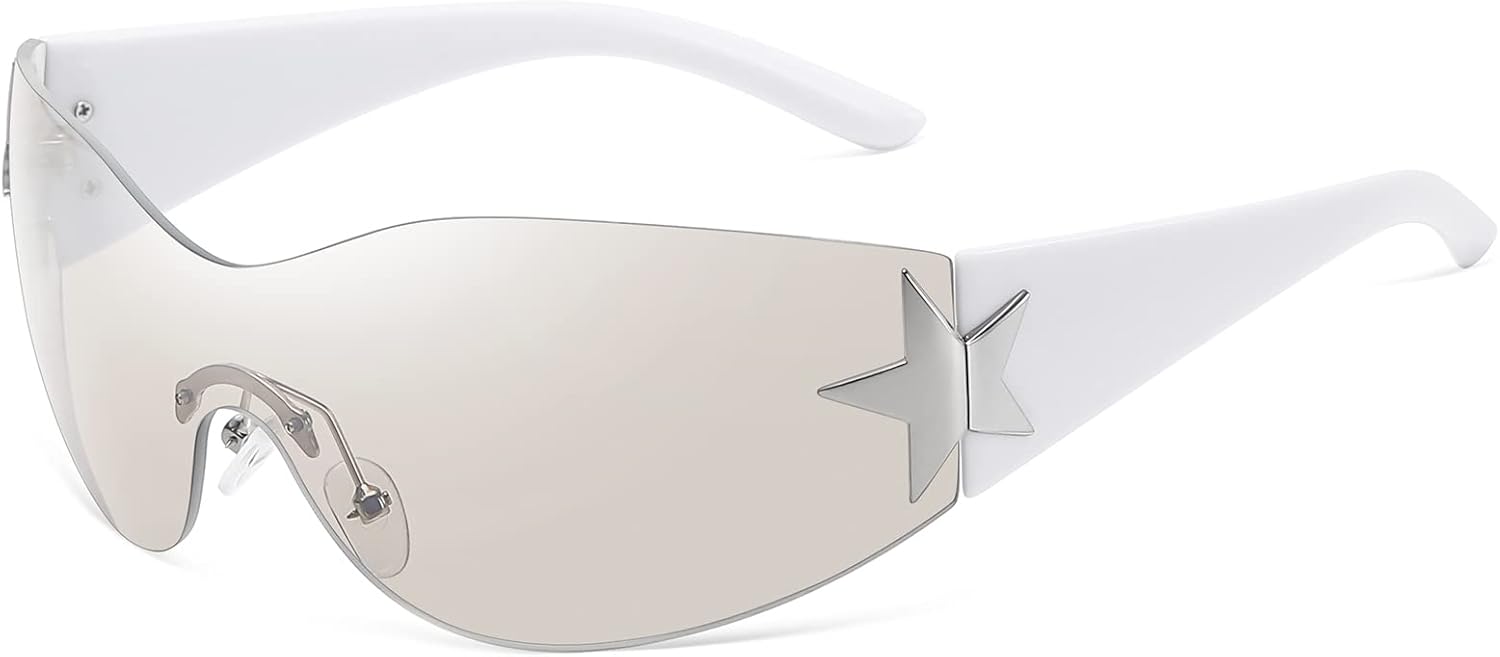 

Солнцезащитные очки Eiuizah Y2k для женщин и мужчин, модель Shield Wrap Around Fashion Sunglasses, модные солнцезащитные очки большого размера без оправы, Solid White Frame Silver Lens