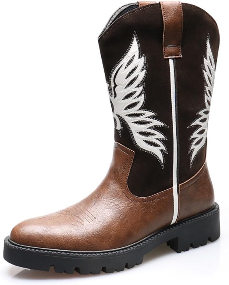 

Мужские вышитые ковбойские сапоги в западном стиле, кожаные, без шнуровки, с противоскользящей подошвой, рабочие, с закрытым носком, повседневные сапоги для мужчин Generic, коричневый