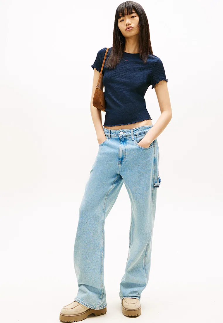 Топ, приталенный, с эффектом сейрсакер, Tommy Jeans Tommy Hilfiger, темно-синий — фото 4