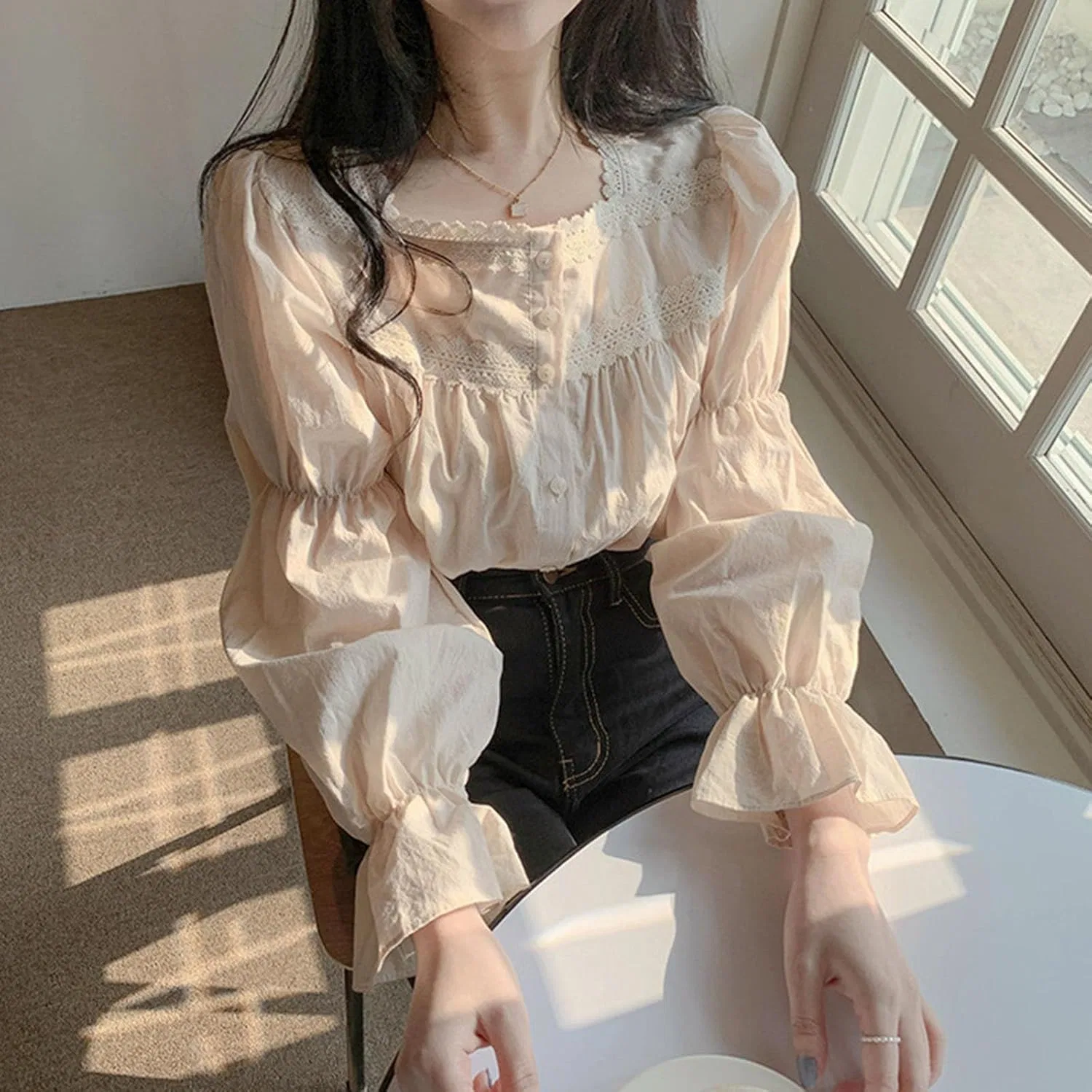 Блуза шифоновая с длинным рукавом, V-образным вырезом, модели black bow tie blouse, бежевый — фото 2