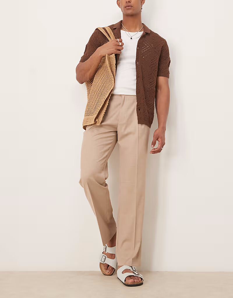 

Строгие брюки прямого кроя ASOS DESIGN с боковыми регуляторами из льняного материала с имитацией камня и складкой спереди