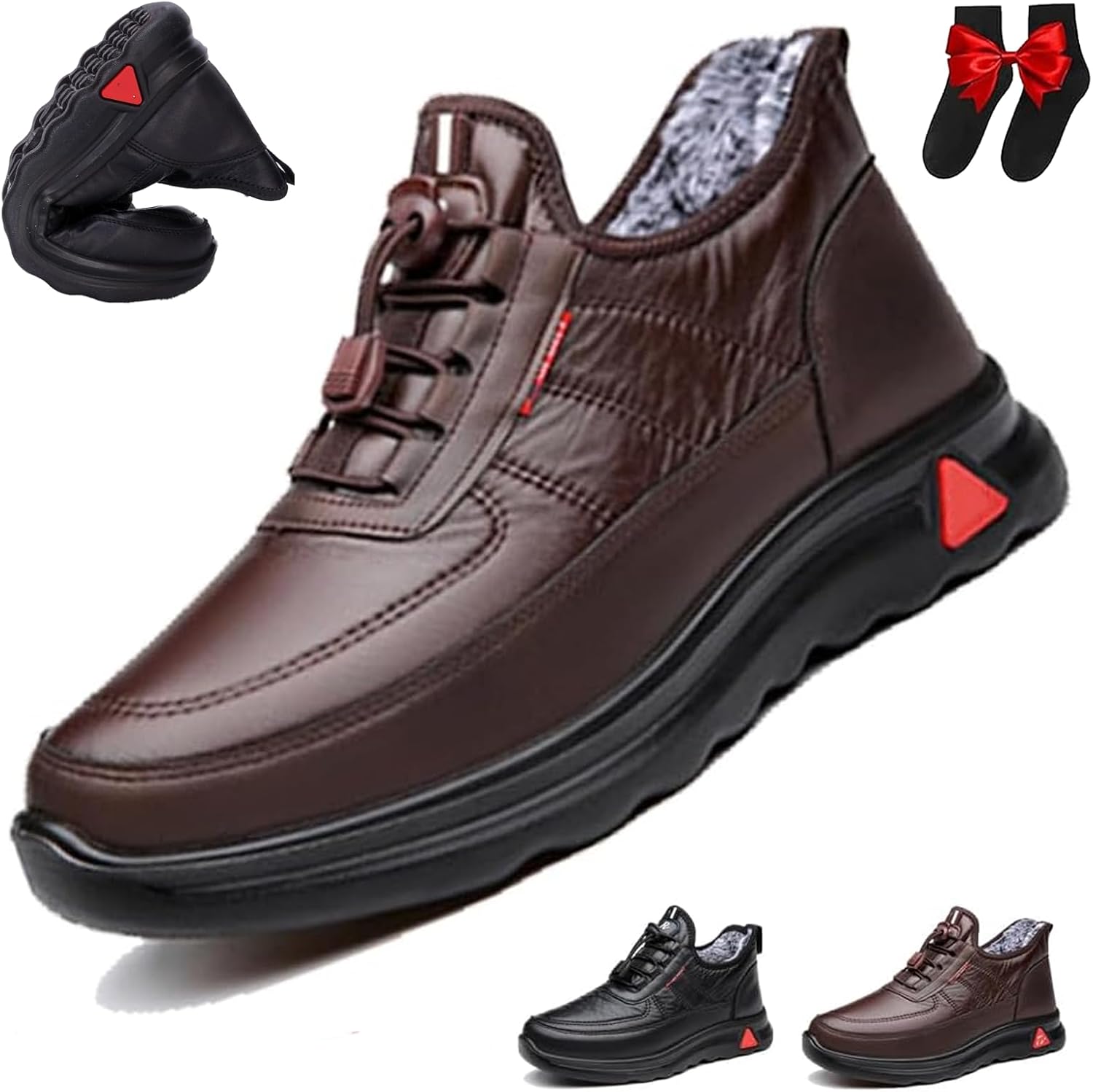 

Мужские зимние сапоги GHTRHSB с кожей и теплой меховой подкладкой, водонепроницаемые ботинки без шнурков, удобные, легкие повседневные лоферы для прогулок для среднего возраста и пожилых, коричневый