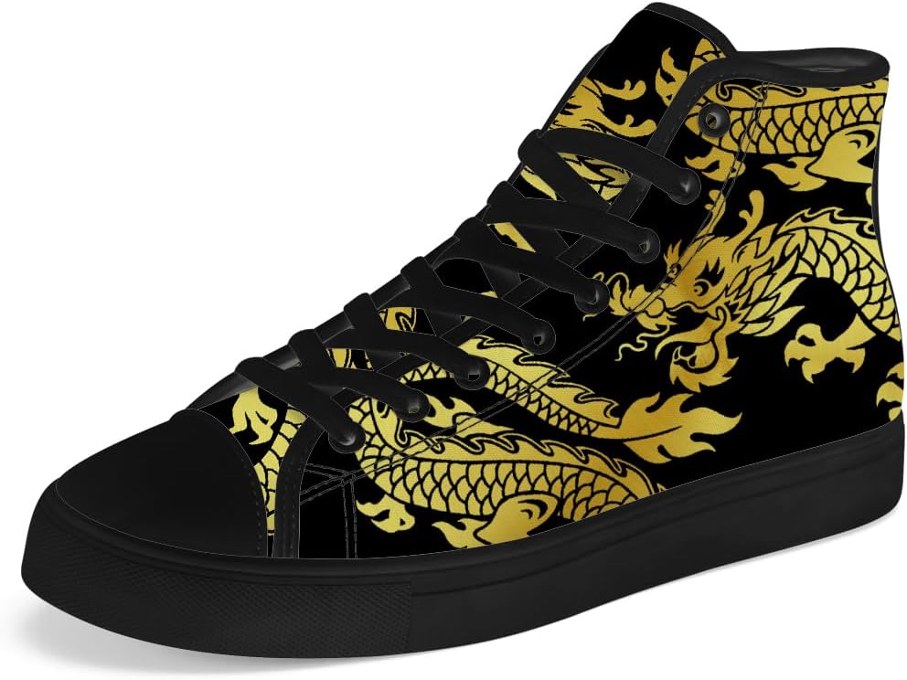 

Высокие кеды из холста с драконом для мужчин и женщин, китайские кеды с драконом на высокой подошве, шнуровка, повседневная обувь, подарок для мужчин и женщин Chebing, черный/желтый