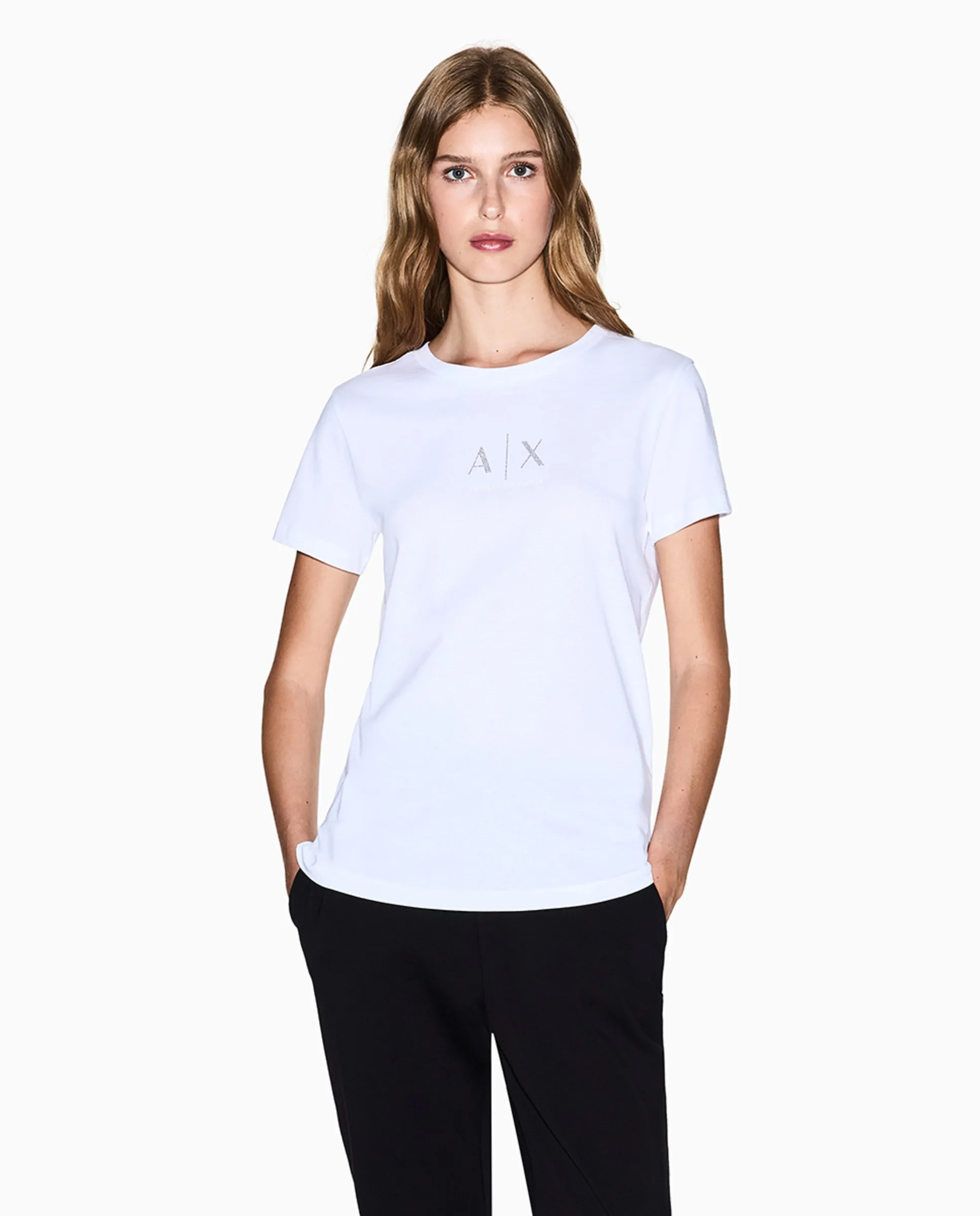 

Женская футболка с коротким рукавом и стразовым логотипом Armani Exchange, белый