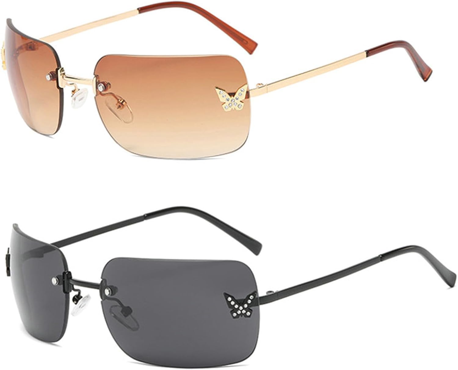 

Солнцезащитные очки Willochra 2023 прямоугольной формы с градиентом в стиле Y2K для женщин, модные ретро-очки для лета, без оправы, с эффектом бабочки, 2pcs-black&brown