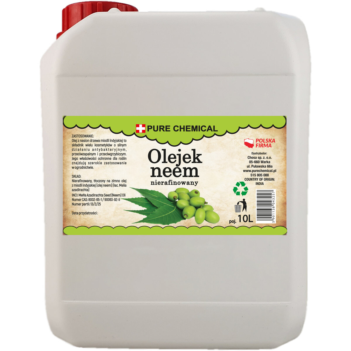 

Pure Chemie, Нерафинированное натуральное масло нима холодного отжима, 10 л