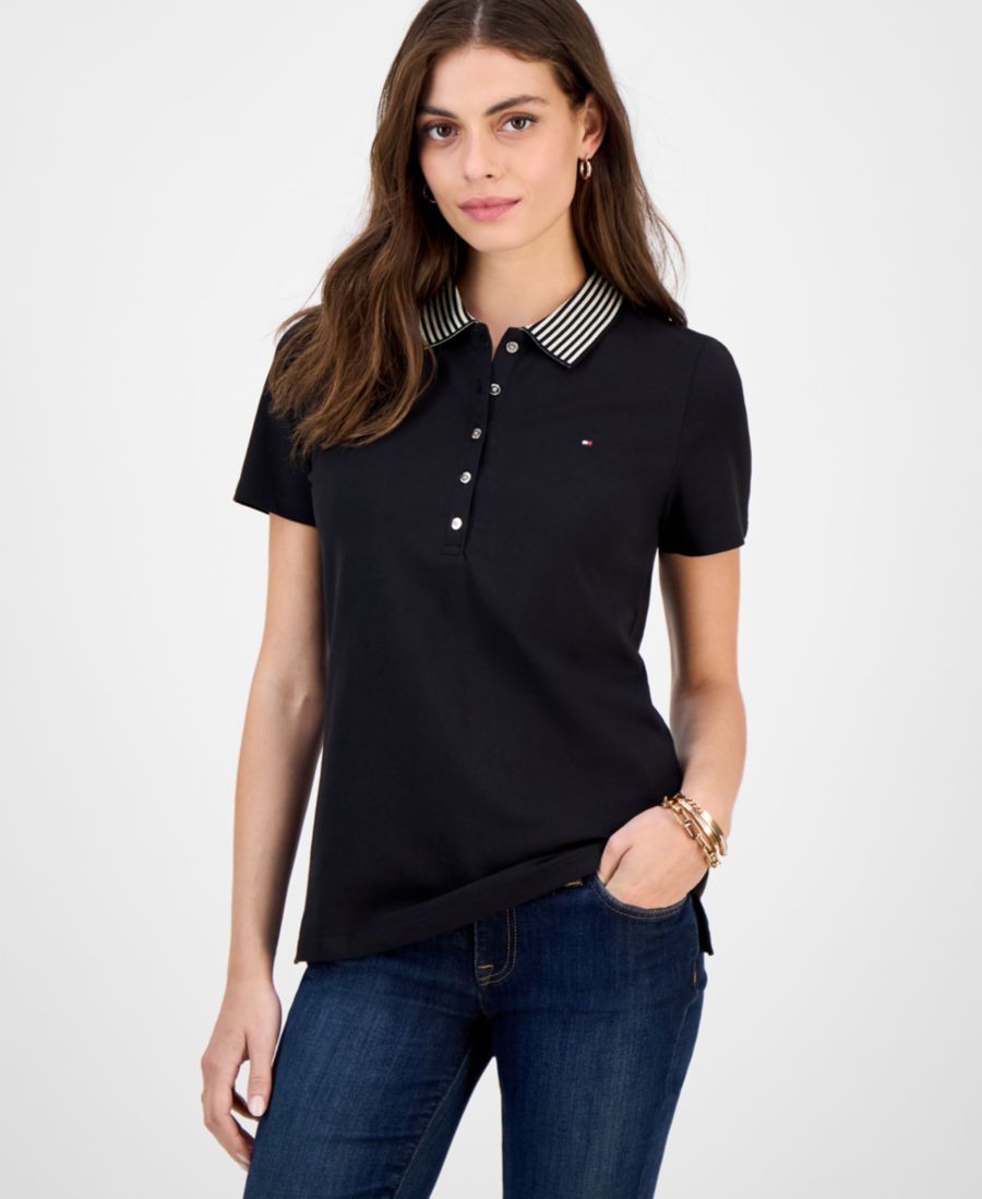 

Женская рубашка-поло с металлизированным полосатым воротником Tommy Hilfiger, Black