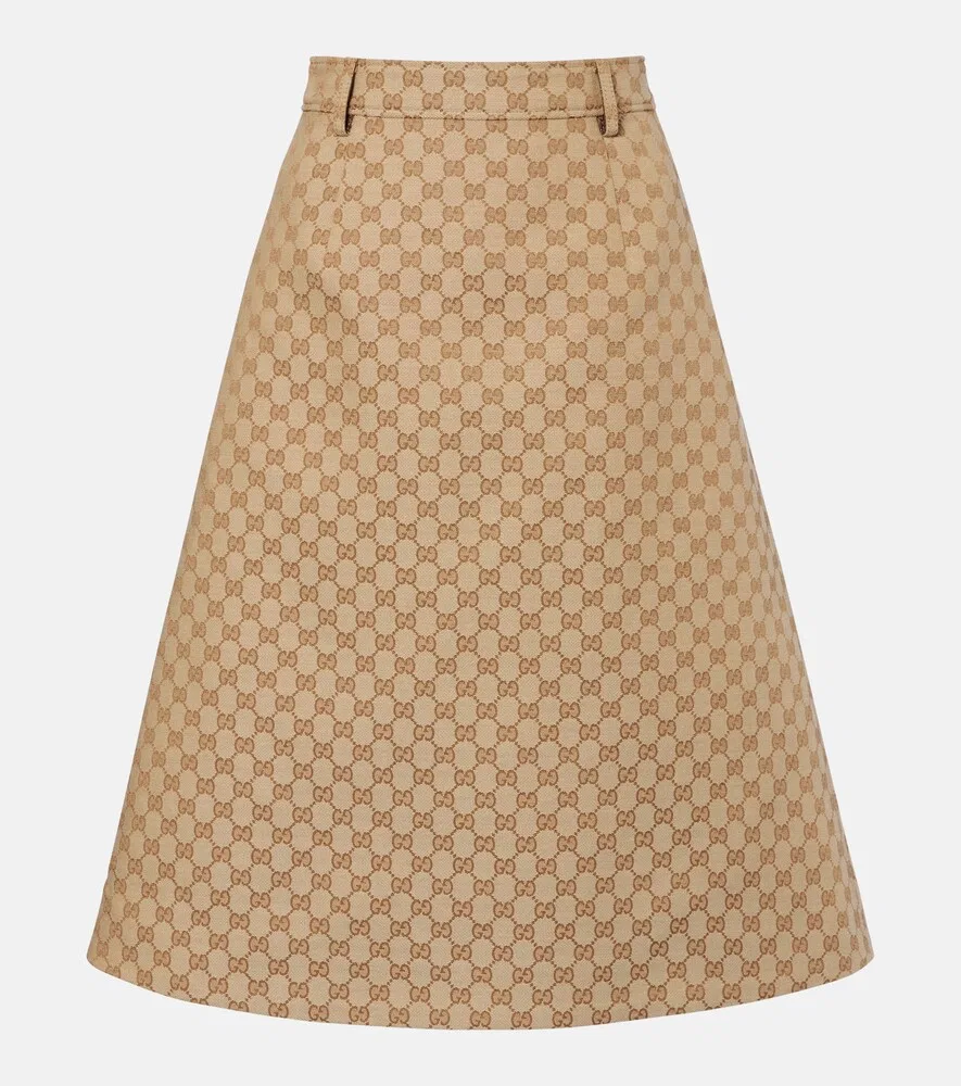 Юбка миди Gucci GG Canvas, с кожаной вставкой, бежевый