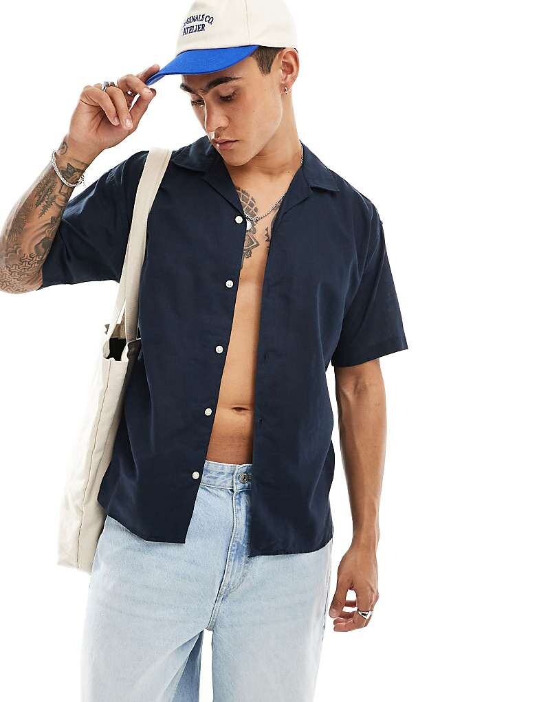 

Jack & Jones – Темно-синяя рубашка из смесового льна с кубинским воротником