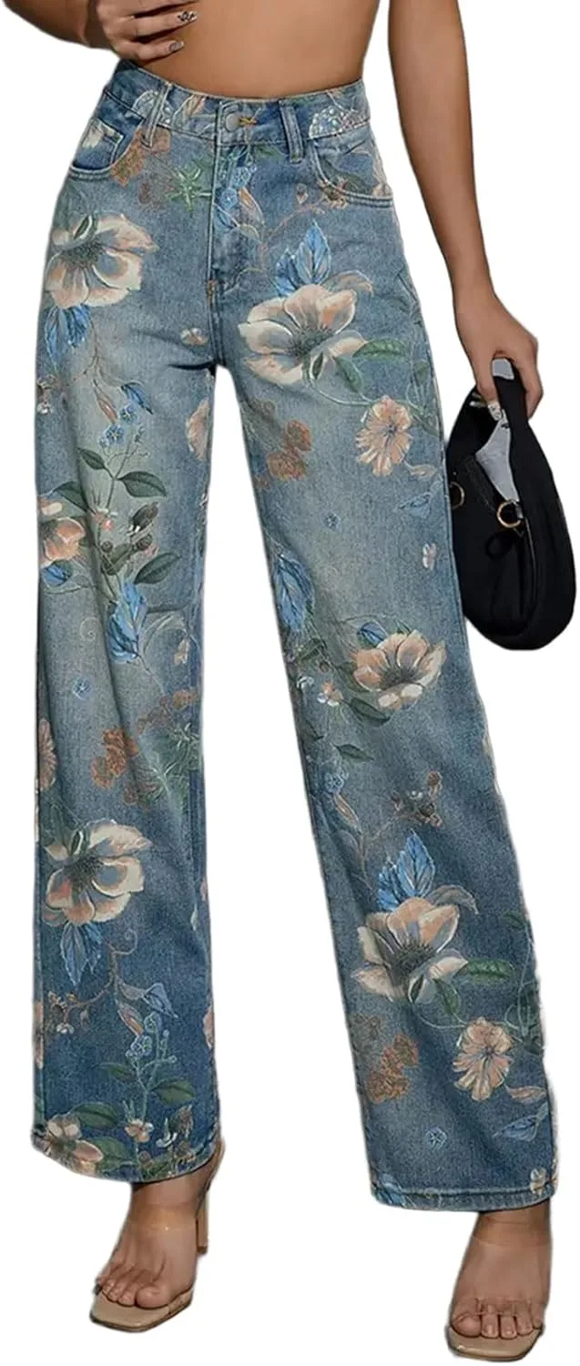 

CHARTOU Женские джинсы Mid Rise с цветочным принтом