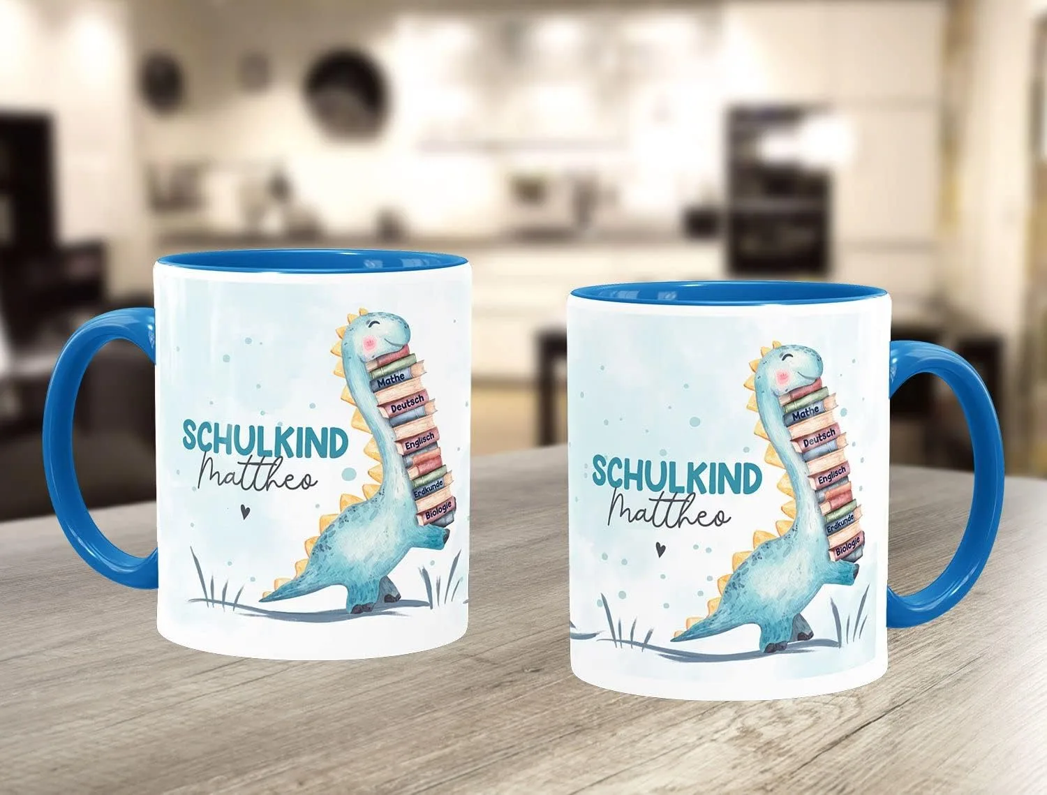 Кружка Schulkind Dino с именем для школы, детская керамическая, для мальчиков и девочек, белая внутри, синяя, стандартная SpecialMe — фото 3