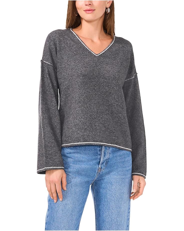 

Женский свитер Vince Camuto V-Neck с контрастной вязкой крючком по шву, Med Heather Grey