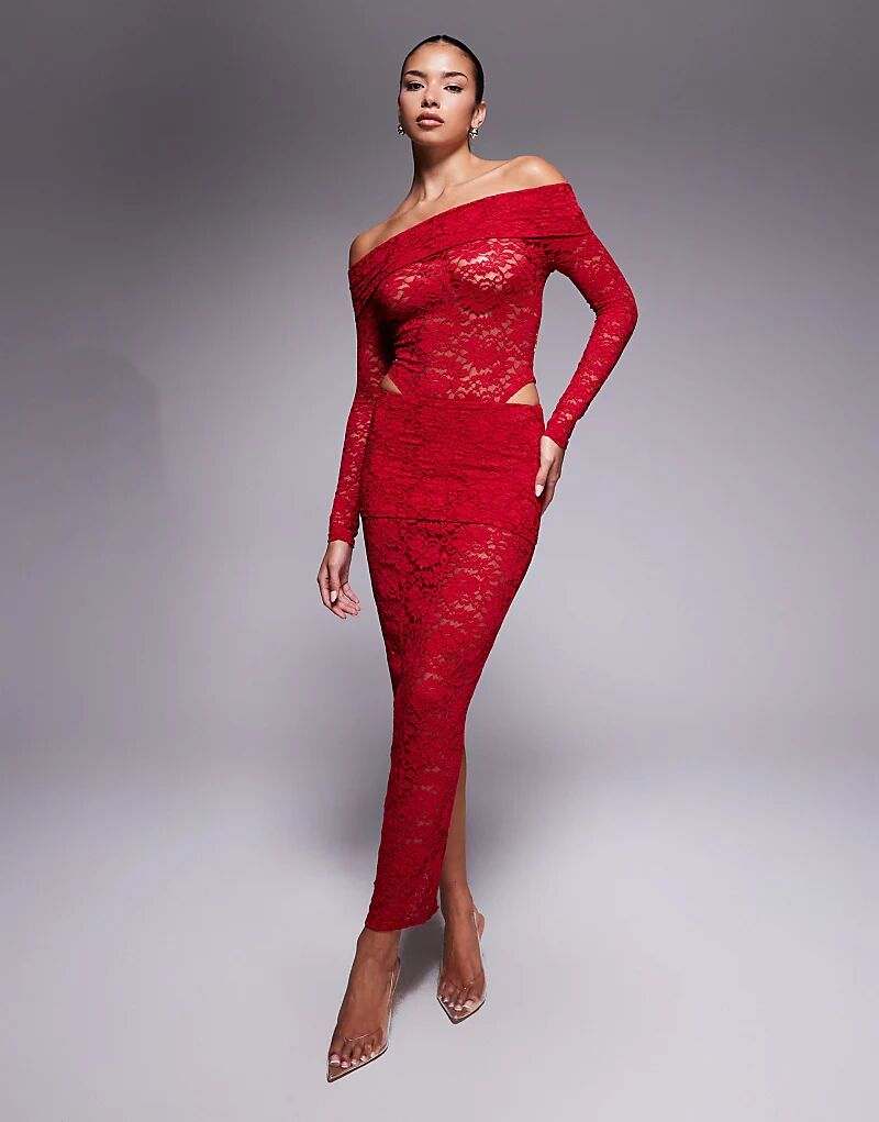 

Эксклюзивный комплект Murci с кружевным боди Bardot и юбкой макси с отворотом на талии красного цвета