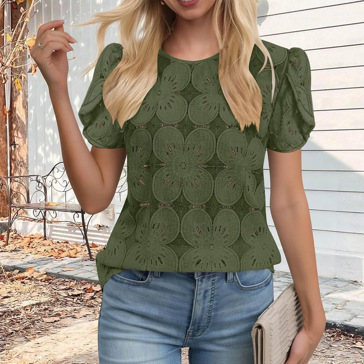 Блуза кружевная с коротким рукавом, бренд Generic, цвет Army Green — фото 2