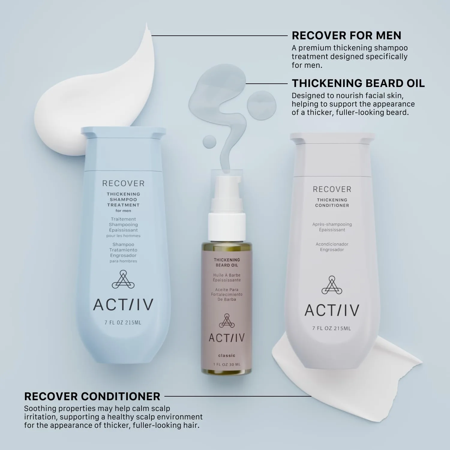 ACTIIV Ultimate Power Trio для мужчин: способствует густоте волос и бороды, укрепляет и увлажняет, набор включает шампунь, кондиционер и масло для бороды, Vegan, Color-Safe, для всех типов волос и бороды — фото 3