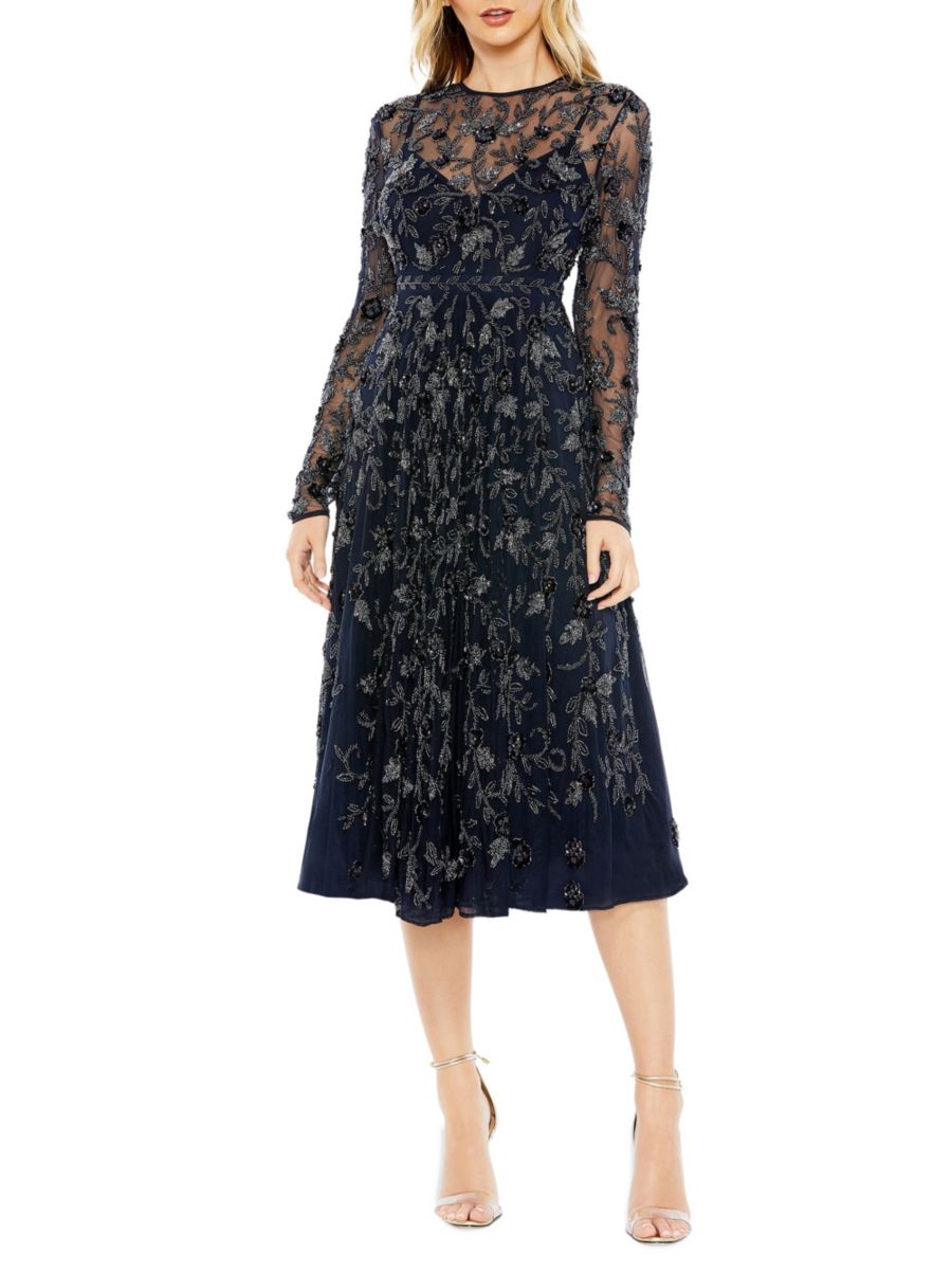 

Платье-миди Иллюзия, расшитое бисером Mac Duggal, темно-синий