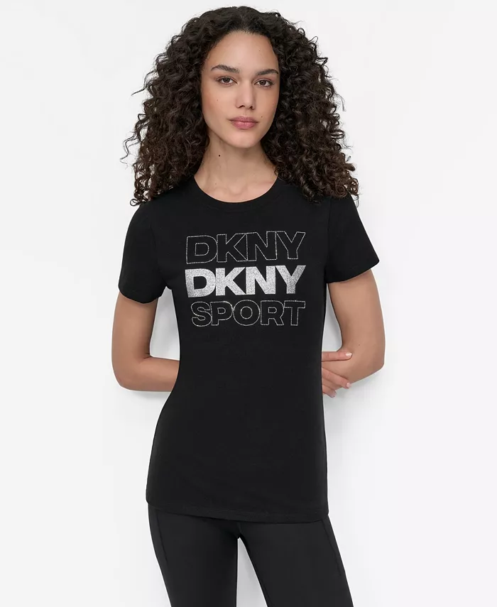 

Женская спортивная футболка DKNY с блестящим логотипом и круглым вырезом, черный