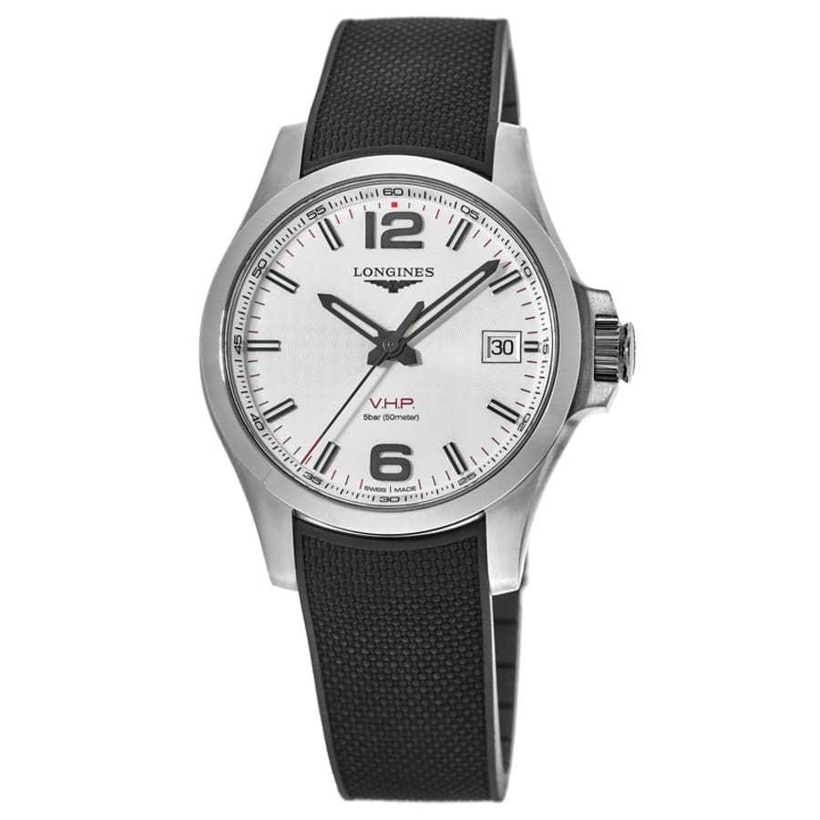 

Мужские часы Longines Conquest VHP 41 мм с серебристым циферблатом и черным каучуковым ремешком L3.716.4.76.9