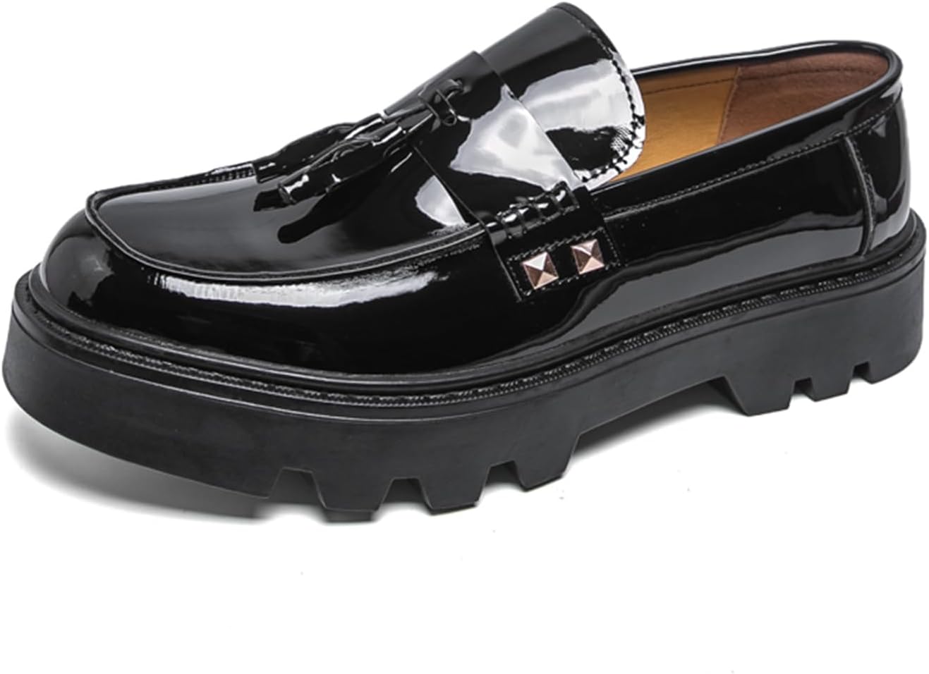 

Мужские стильные лоферы с кисточками из лакированной кожи на толстой платформе, с круглым носком и массивной резиновой подошвой, для деловых встреч, вечеринок, свадеб, прогулок на улице, повседневной и официальной носки Tengfeifly, черный